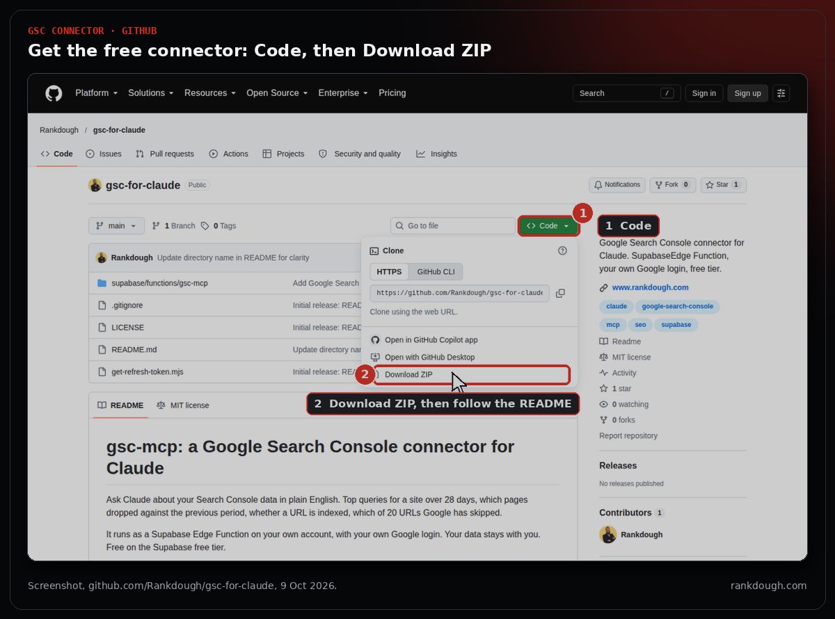 Screenshot of the gsc-for-claude GitHub repository with the green Code button open and Download ZIP under the cursor